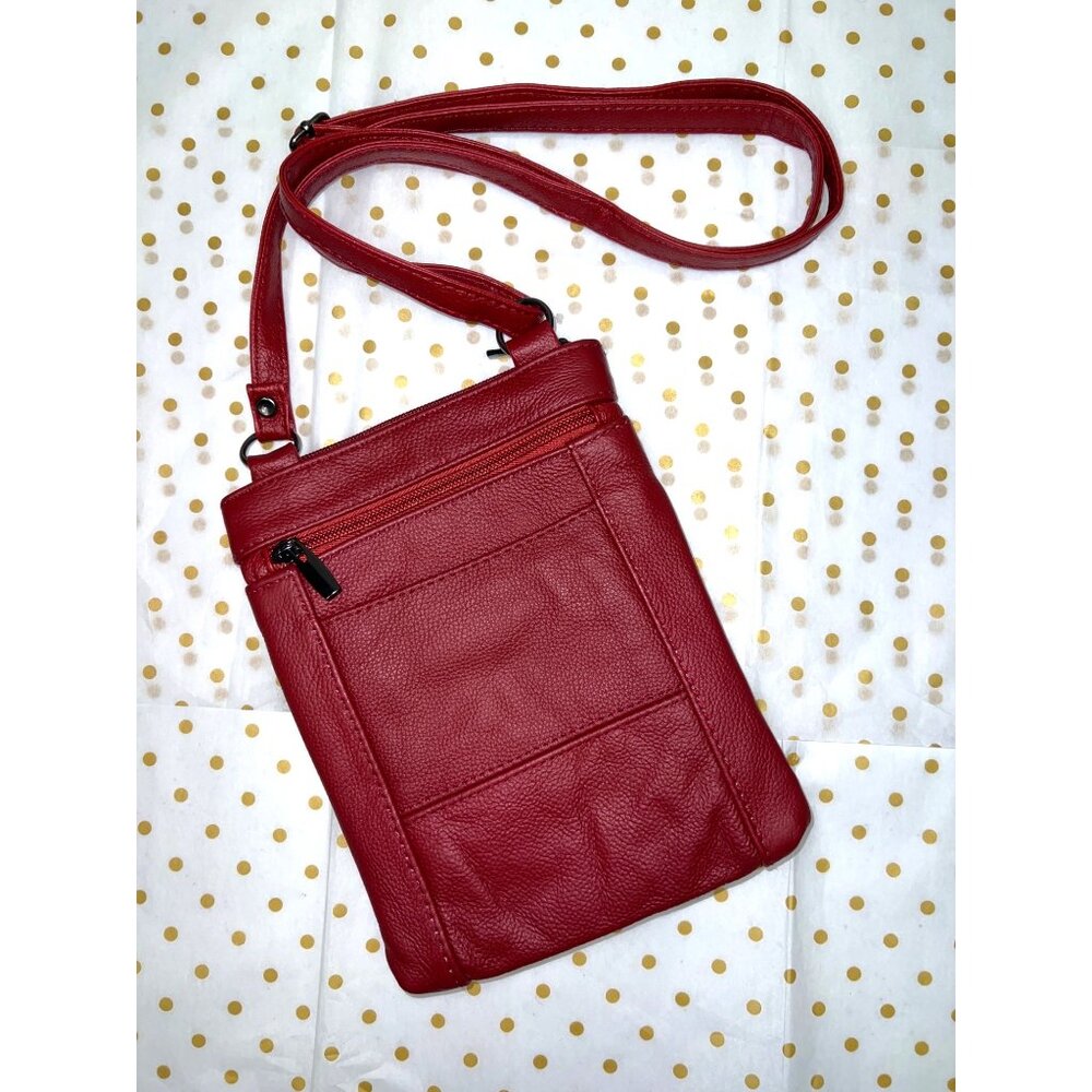 Red Crossbody Bag With Multiple Zipper Pockets & Adjustable Strap 28”